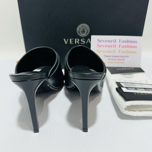 Versace Virtus Size 37 US 7  Black Leather Mule Heel Sandals NIB $900 - Picture 4 of 8